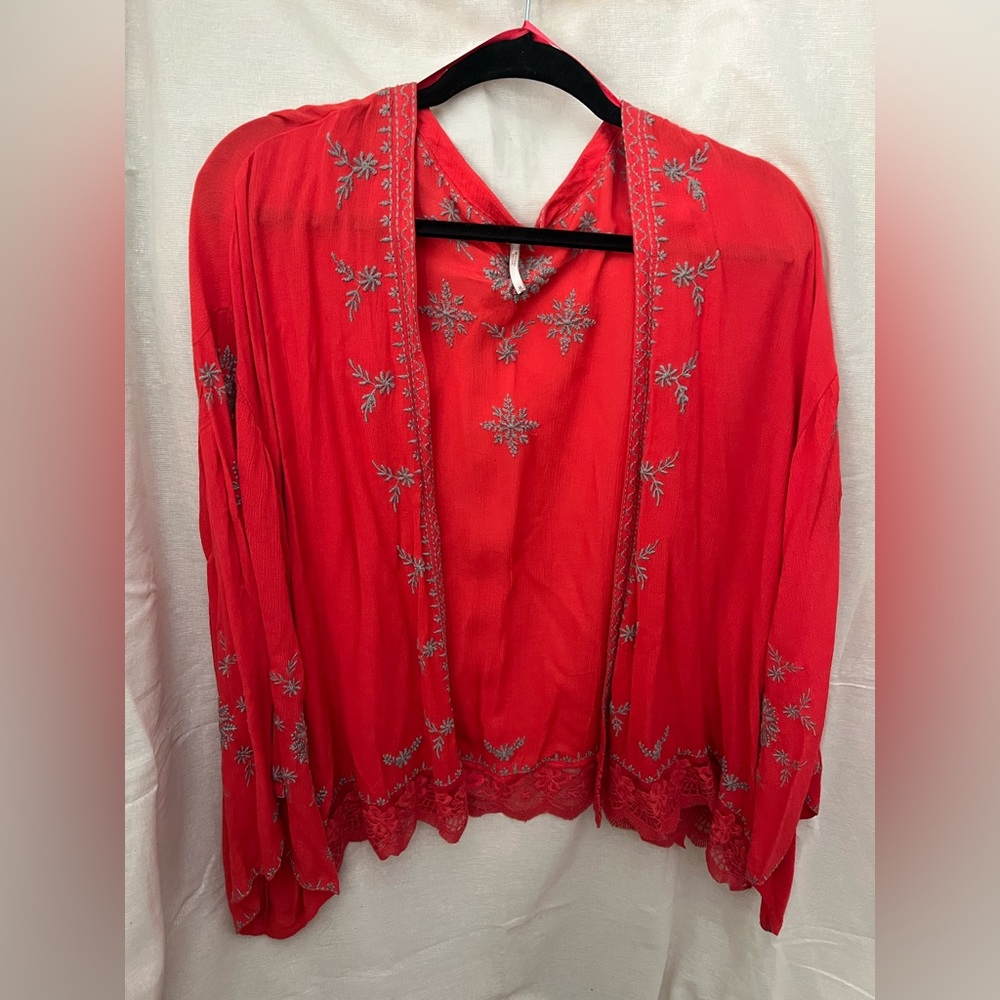 Free People Kimono - Embroidered with lace - Red coral - size medium